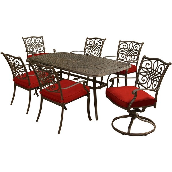 Cambridge Seasons 7Piece Dining Set in Red with 2 Swivel Rockers，4 Dining Chairs，and a 72In. x 38In. Casttop Table