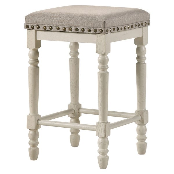 24 Inch Counter Height Stool， Luxe Nailhead Trim， Set of 2， Antique White