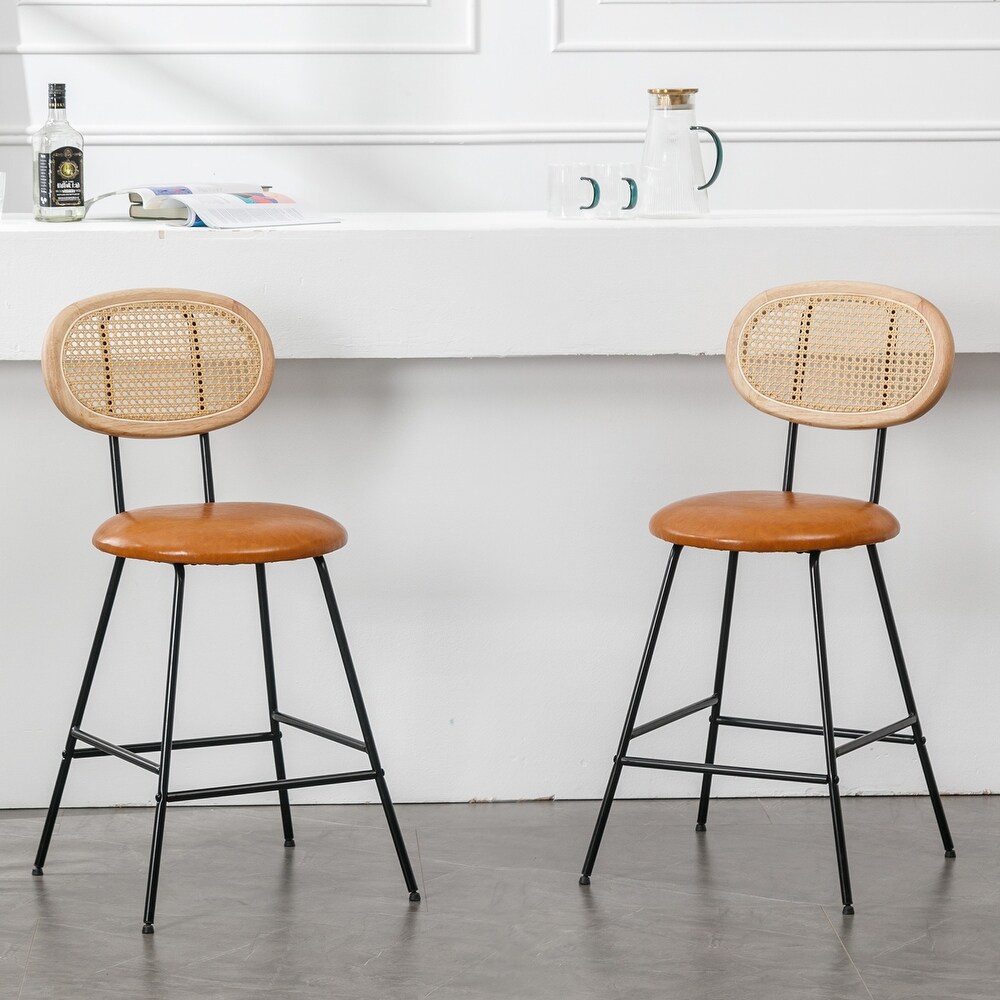 Set of 2 Height Bar Stools Faux Leather Bar Chairs w/Rattan Backrest