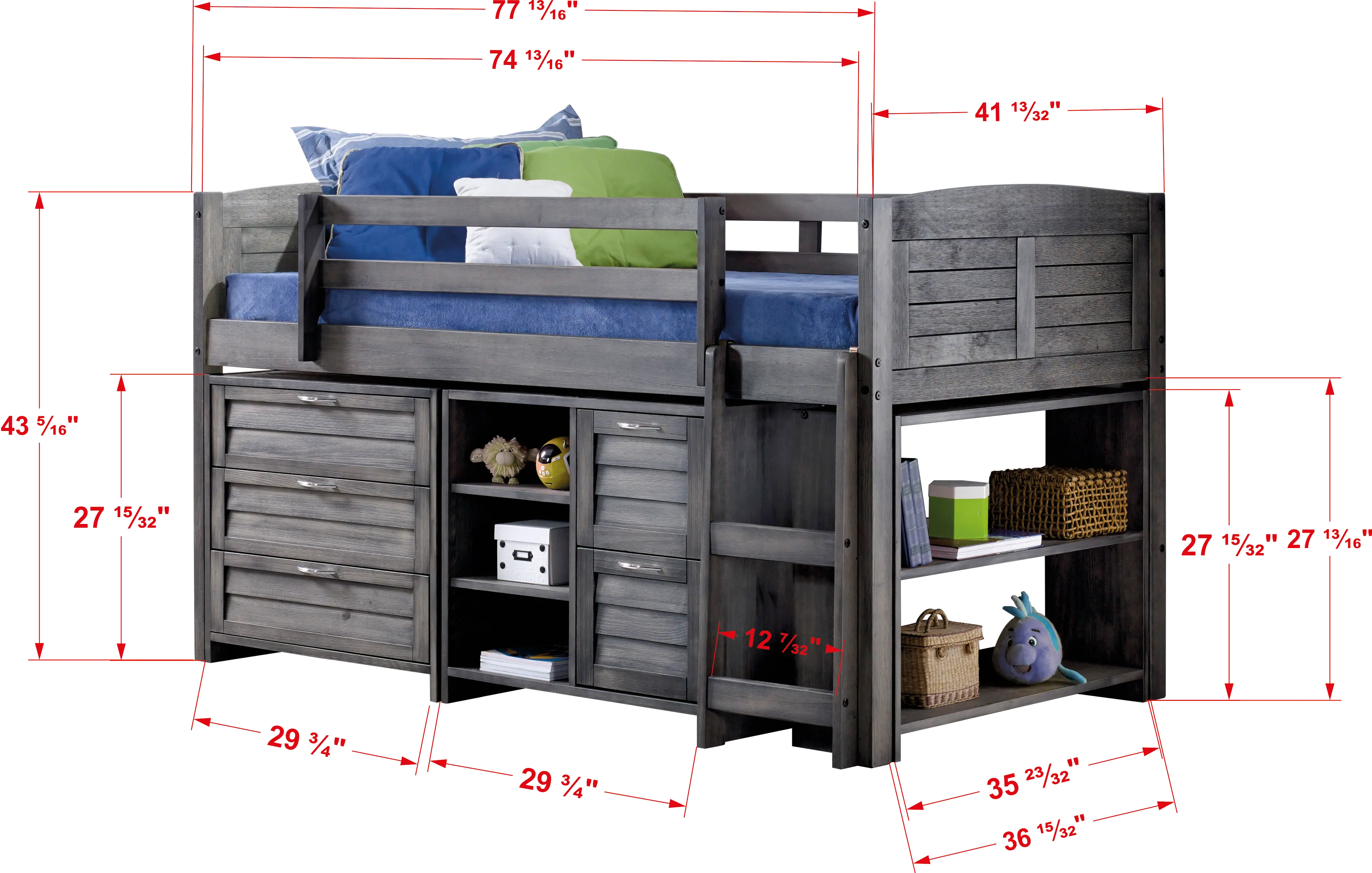 Louver Antique Gray Low Loft Bed Style B