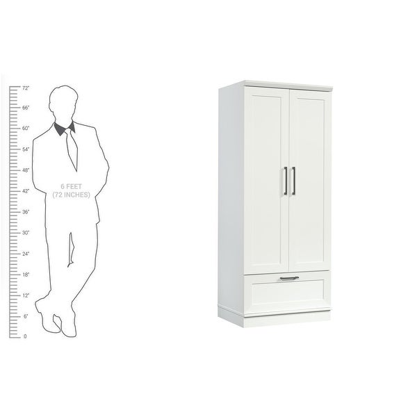 Wood Wardrobe with Drawer and Adjustable Base Level in White - - 36787133