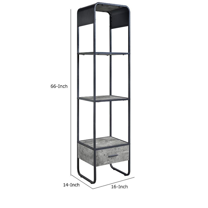 66 Inch Side Pier， Vertical Media Bookcase， 3 Shelves， Metal Frame， Gray