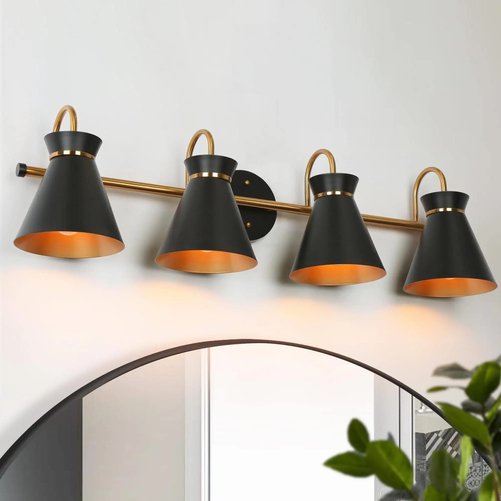 Modern 4-Light Black Gold Bathroom Vanity Lights Linear Wall Sconce with Metal Shades - 31.5