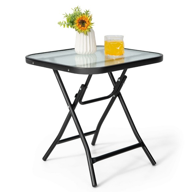 Patio Coffee Table Square Side Table Foldable W Tempered Glass Table Top