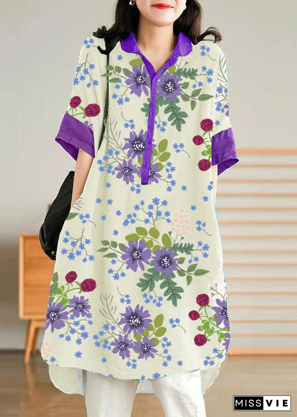 Jade Purple flower Linen Women Casual Linen Shirt Dress