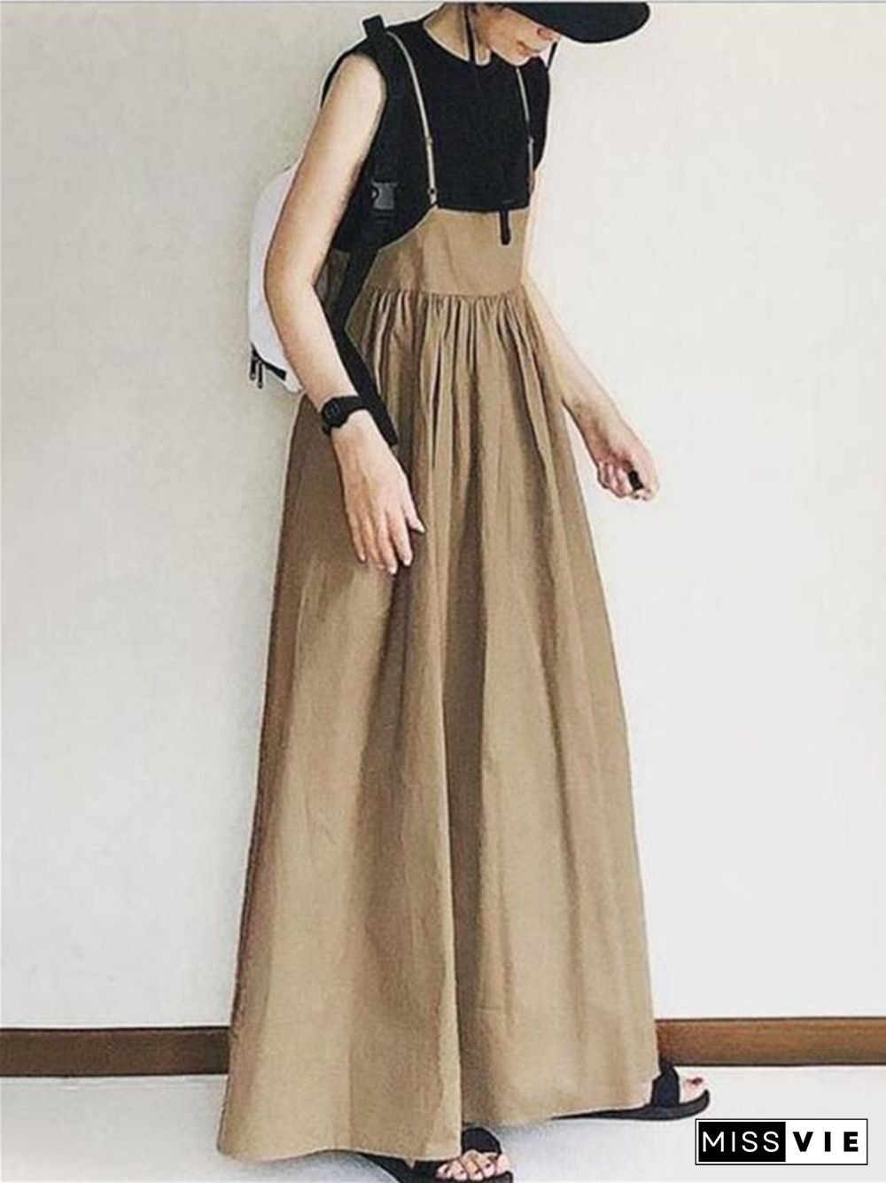 Long Skirt Spring Summer High Waist Skirt Solid Color Pleated Sling Long Skirt