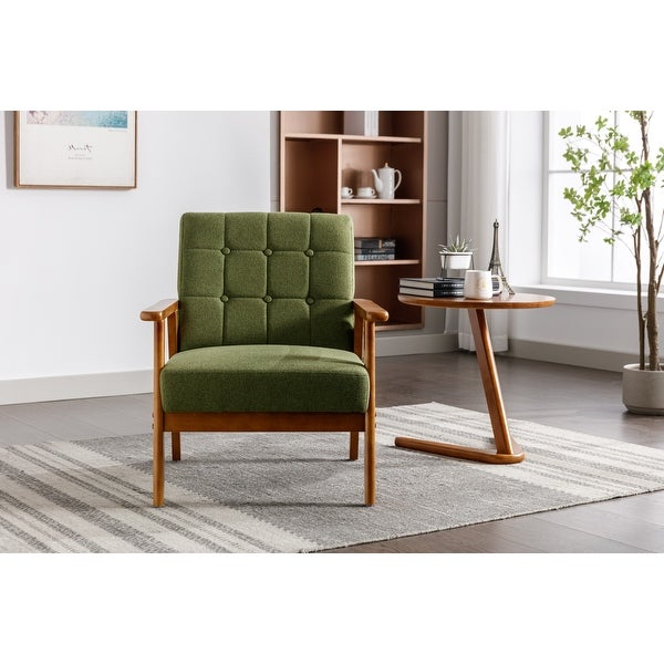 Modern Solid Wood Armrest Accent Chair， Mid-Century Linen Upholstered Button Lounge Chairs， for Livingroom Chair， Green