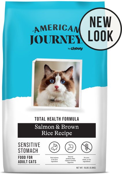 American Journey Sensitive Stomach Total Health Formula Salmon and Brown Rice Recipe Dry Cat Food， 15lb bag