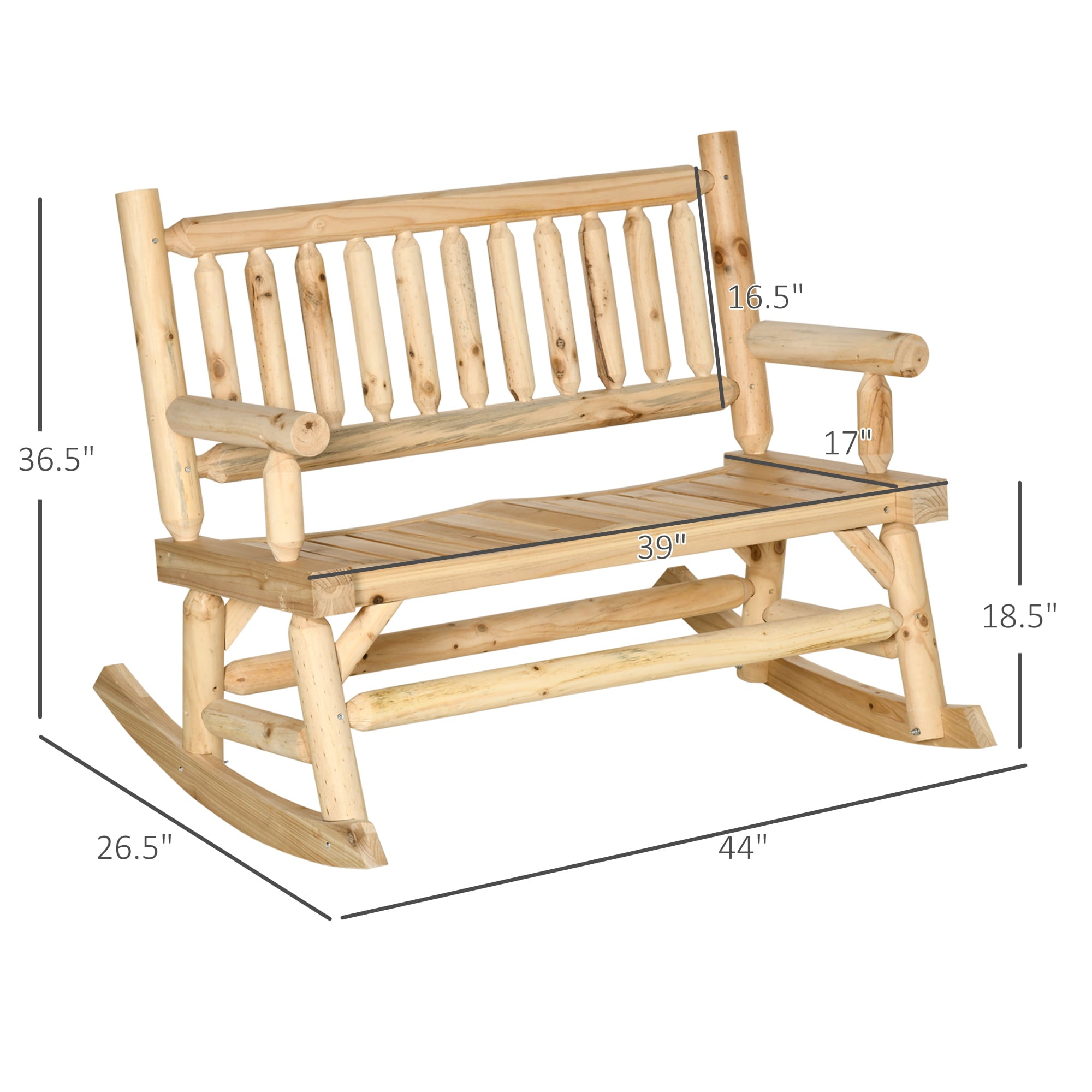 Outsunny 2-Person Wood Rocking Chair with Log Design, Heavy Duty Loveseat with Wide Curved Seats for Patio, Backyard, Garden, Natural Wood Beige, Brown