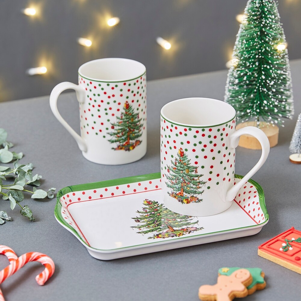 Pimpernel Christmas Tree Polka Dot Set of 2 Mugs and Tray