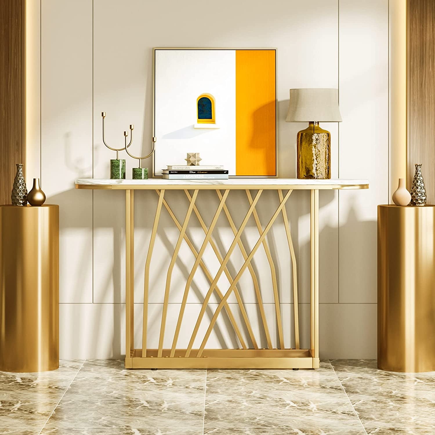 Luxurious Gold Console Table， Faux White Marble and Metal