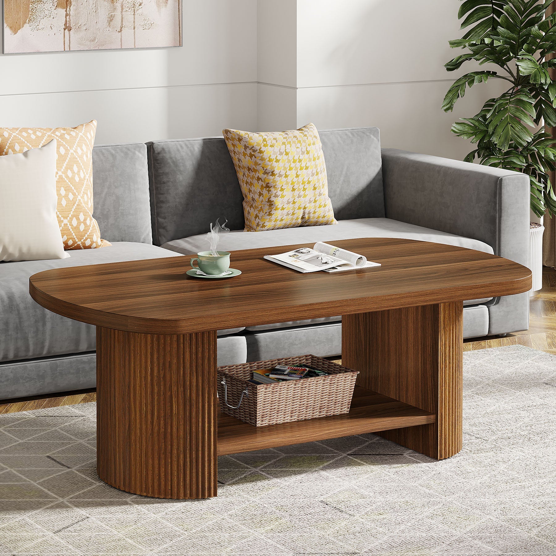 45 Coffee Table, Modern Oval 2-Tier Center Table With Storage