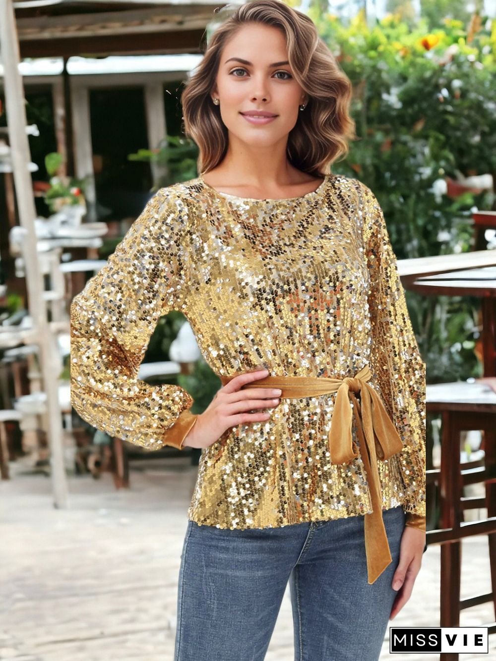 Sequin Party Tie Waist Sweatshirt Pullover Top