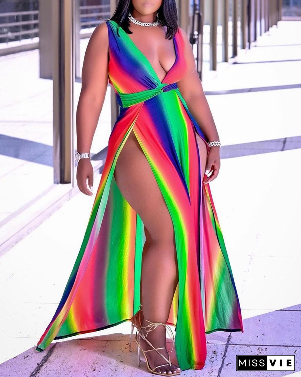 Colorblock High Slit Sleeveless Maxi Dress