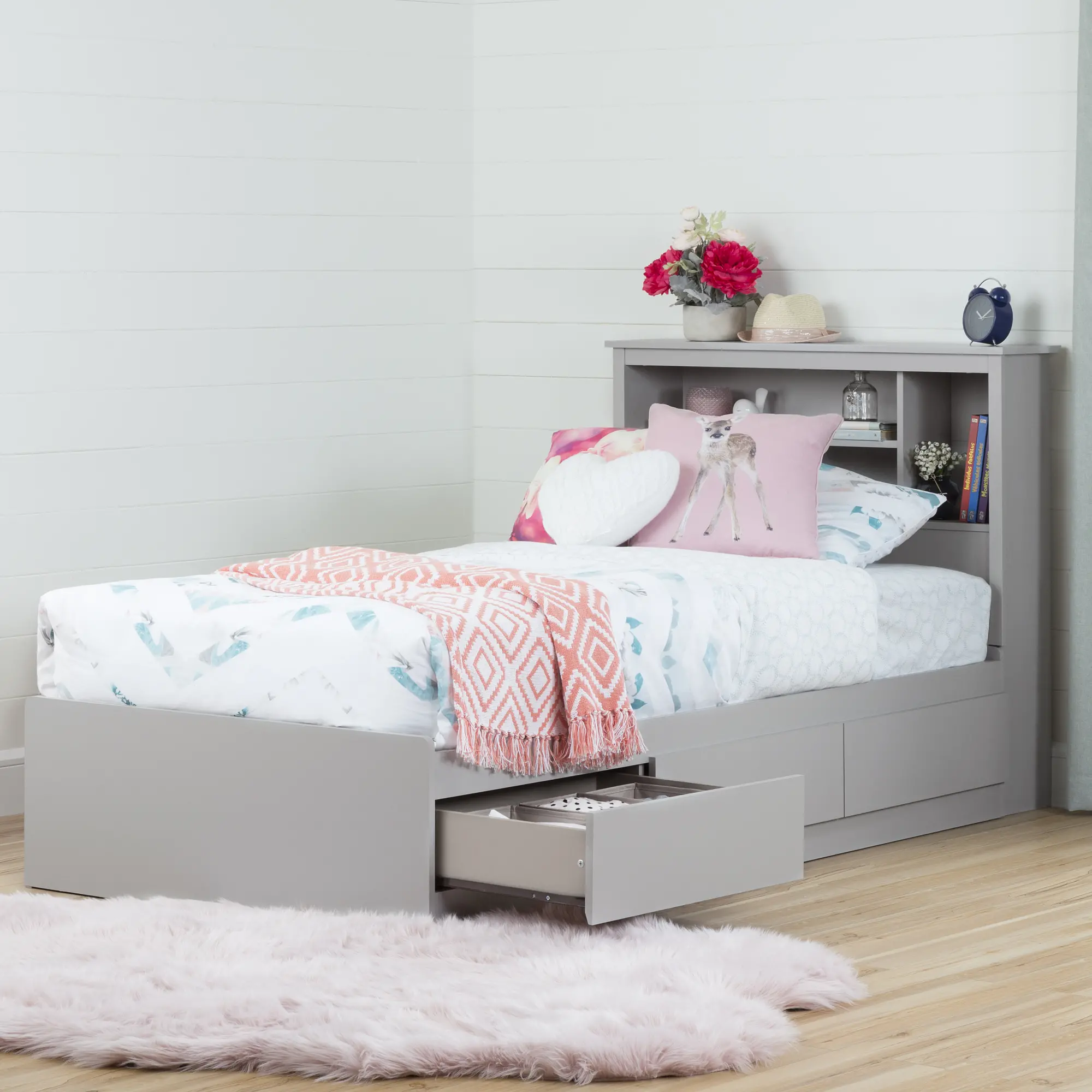 Vito Soft Gray Twin Mates Bed (39 Inch) with 3 Drawers - South Shore