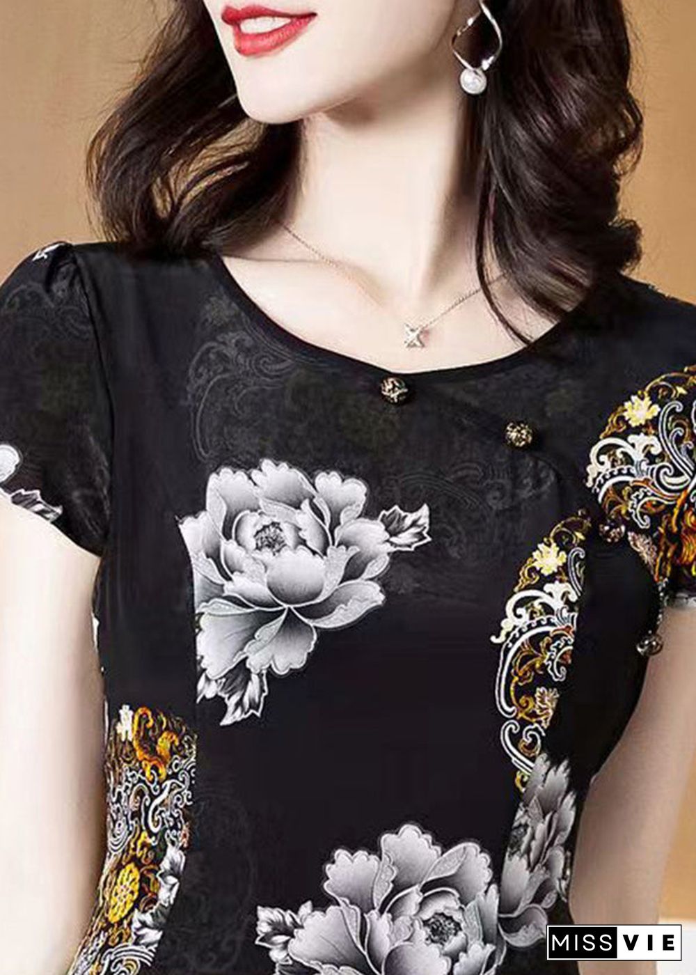 Classy Black O-Neck Print Layered Design Silk Holiday Dress Short Sleeve