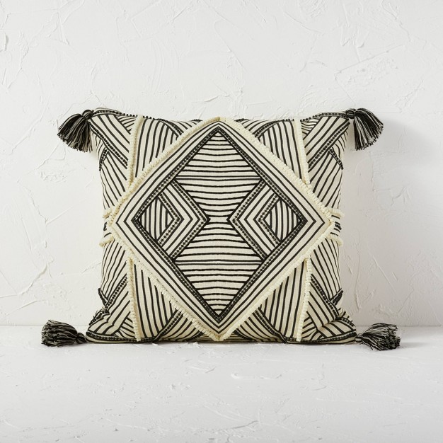 Square Embellished Geometric Decorative Throw Pillow Off white black Designed With Jungalow