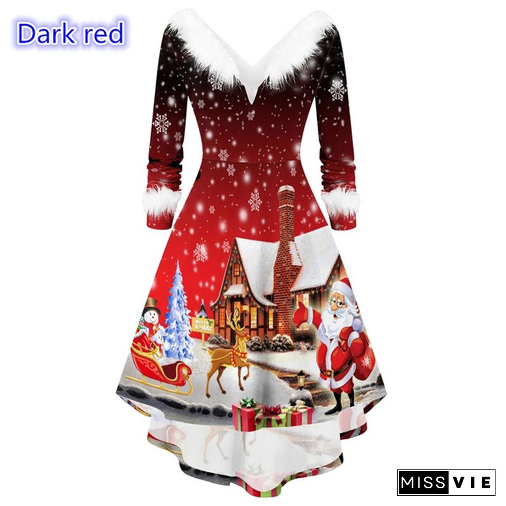 Plus Size Xs-5Xl Christmas Dress Fashion Women Long Sleeve Vintage Elegant V Neck Christmas Print Big Swing Party New Year Winter Clothes