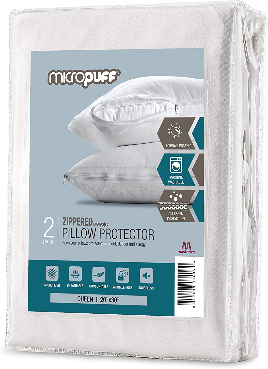 Micropuff Zippered Pillow Protectors - Soft Brushed Microfiber Pillow Covers - Queen 20x30 - 2 Pack