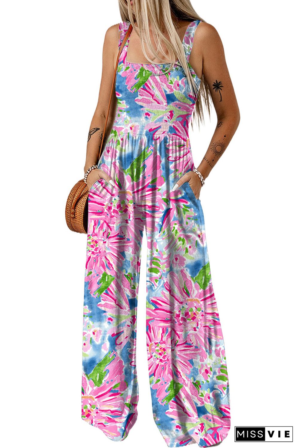 Pink Abstract Floral Painting Smocked Wide Leg Jumpsuit