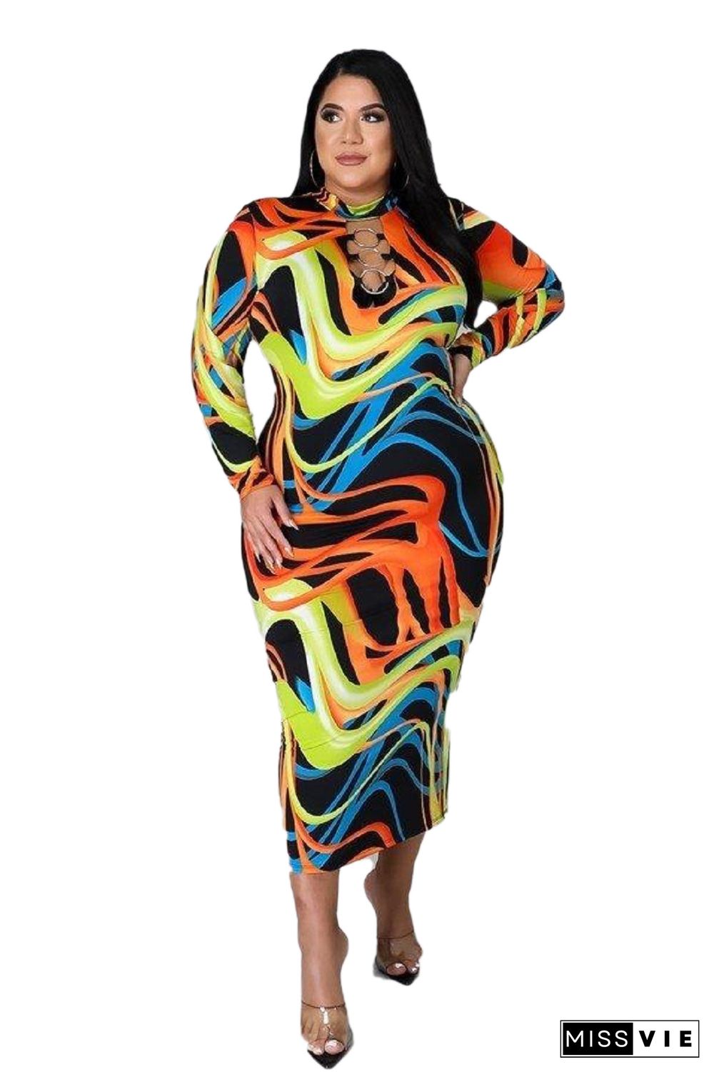 Hollow Out O-neck Long Sleeve Plus Size Dresses