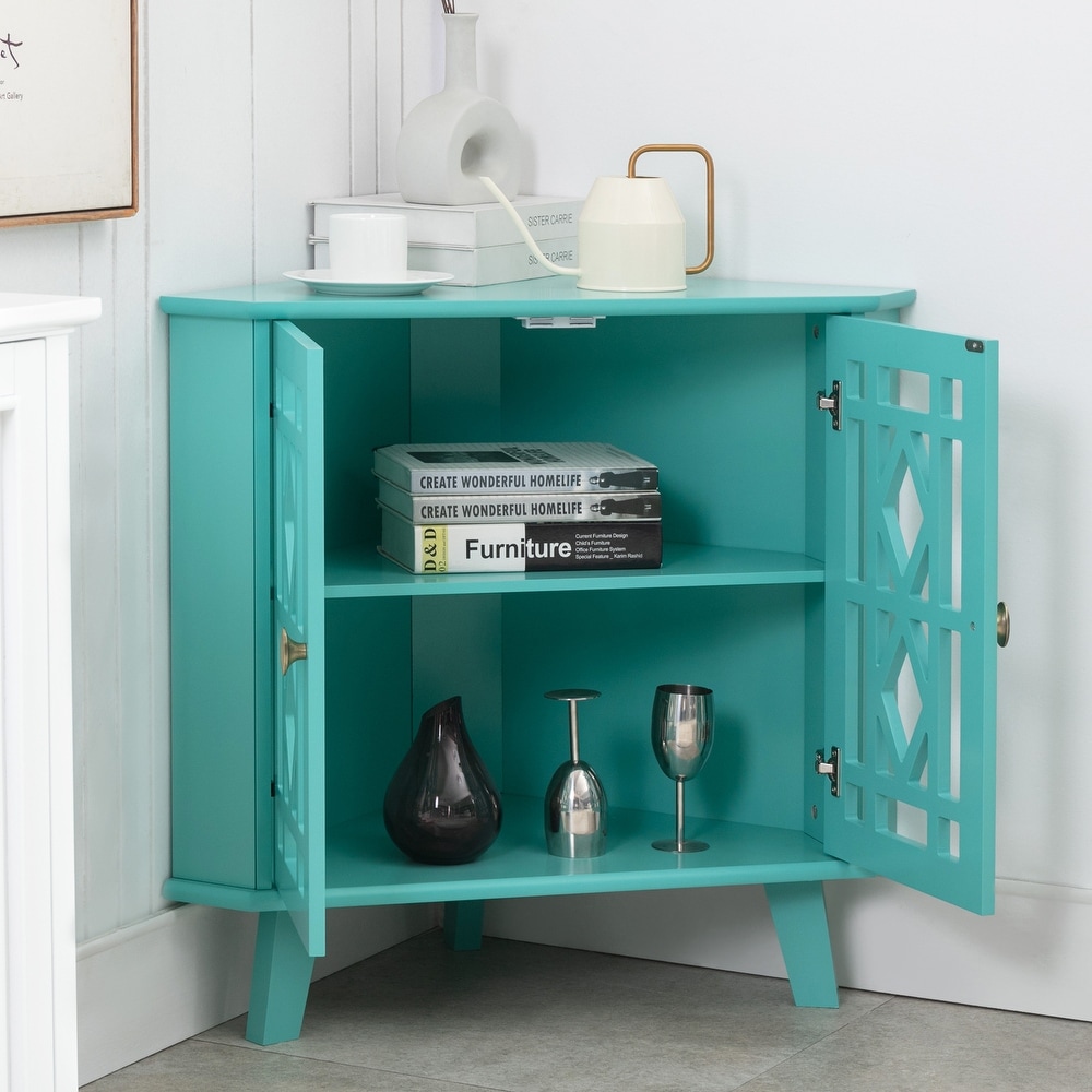 Corner Sideboard Cabinet with 2 Doors and 2 Tier Shelves Free Standing Corner Storage Organizer