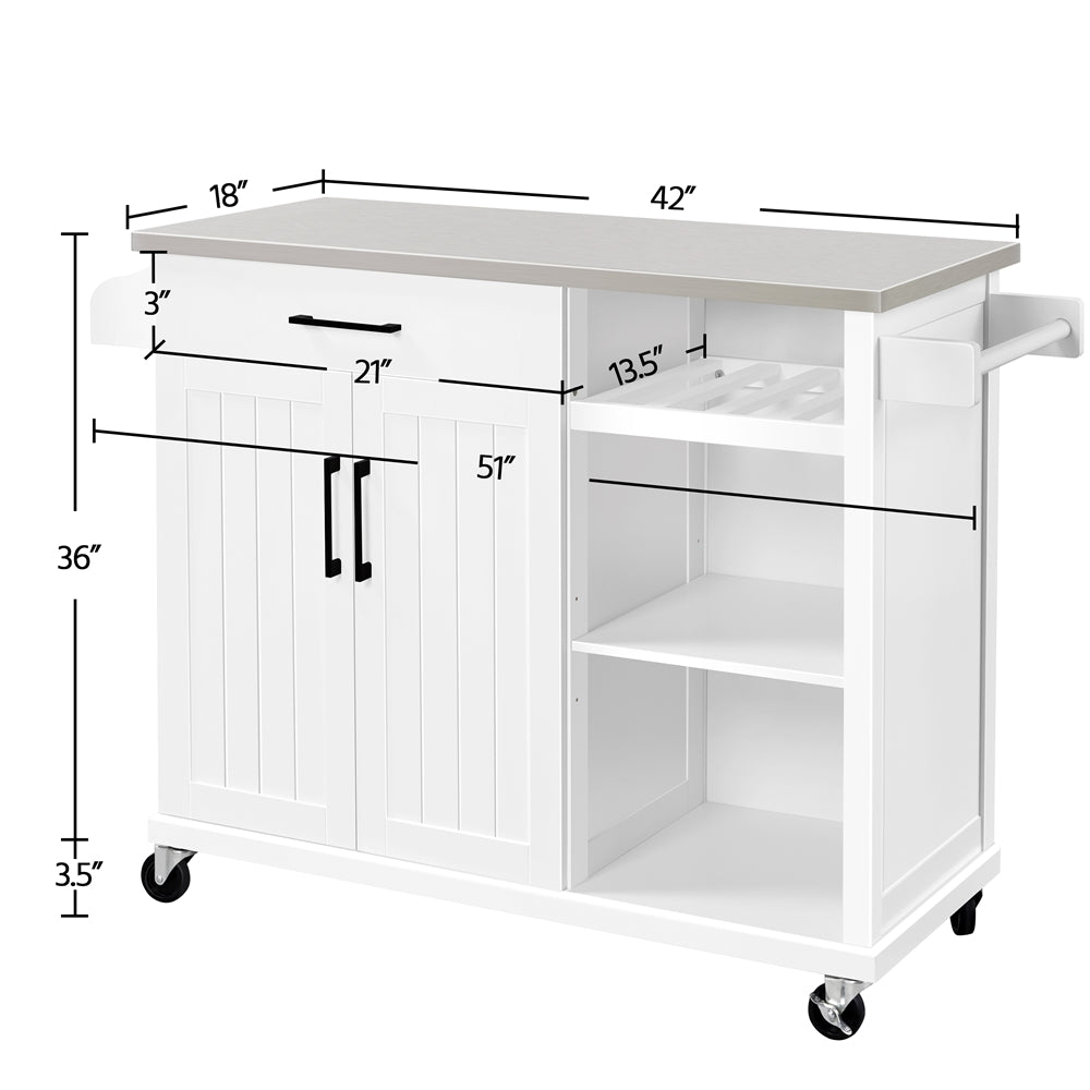 Topeakmart Kitchen Cart with Stainless Steel Top and Storage Kitchen Island on Wheels with Drawer and Cabinet and Open Shelves