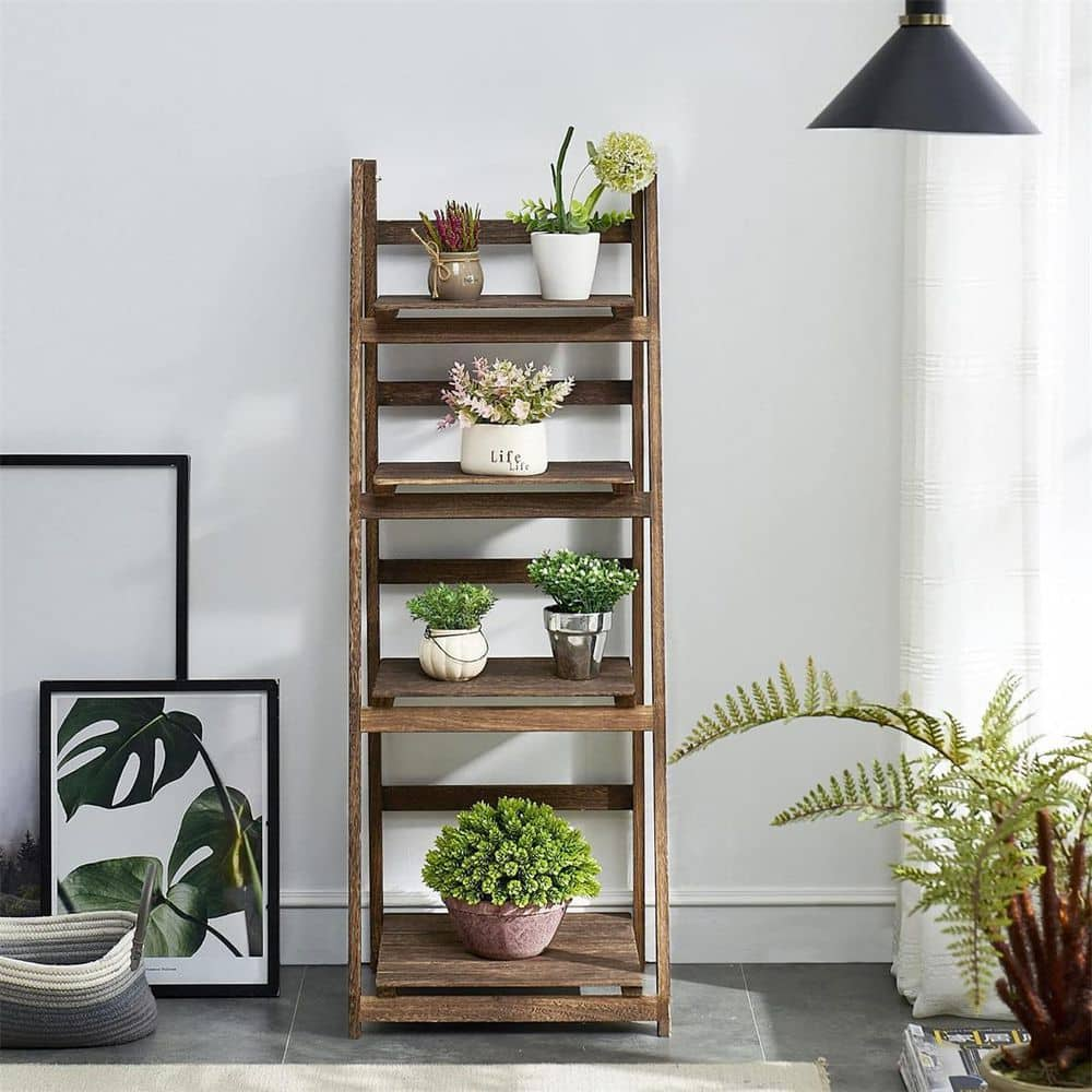 Dyiom 45 in. Outdoor Brown Foldable Ladder Shelf Patio Rustic Wood Plant Stand with Shelves (4-Tier) B07DW5N888