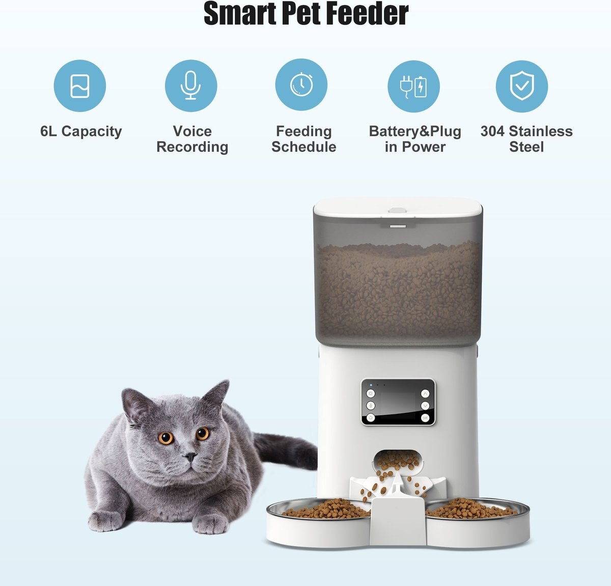 Bueteka Automatic Food Dispenser with Splitter and Stainless Bowls Cat and Dog Feeder， 6-lit