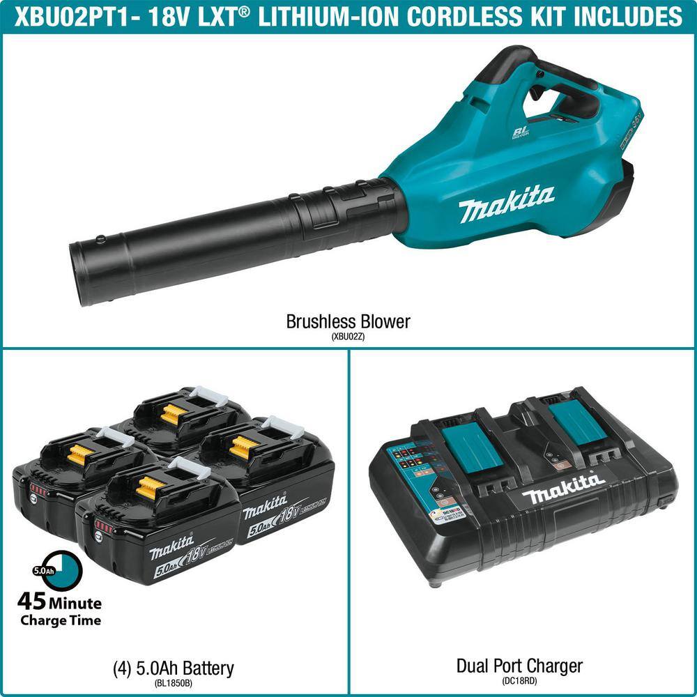 Makita 120 MPH 473 CFM 18V x2 (36V) LXT Lithium-Ion Brushless Cordless Leaf Blower Kit with 4  5.0 Ah Batteries XBU02PT1