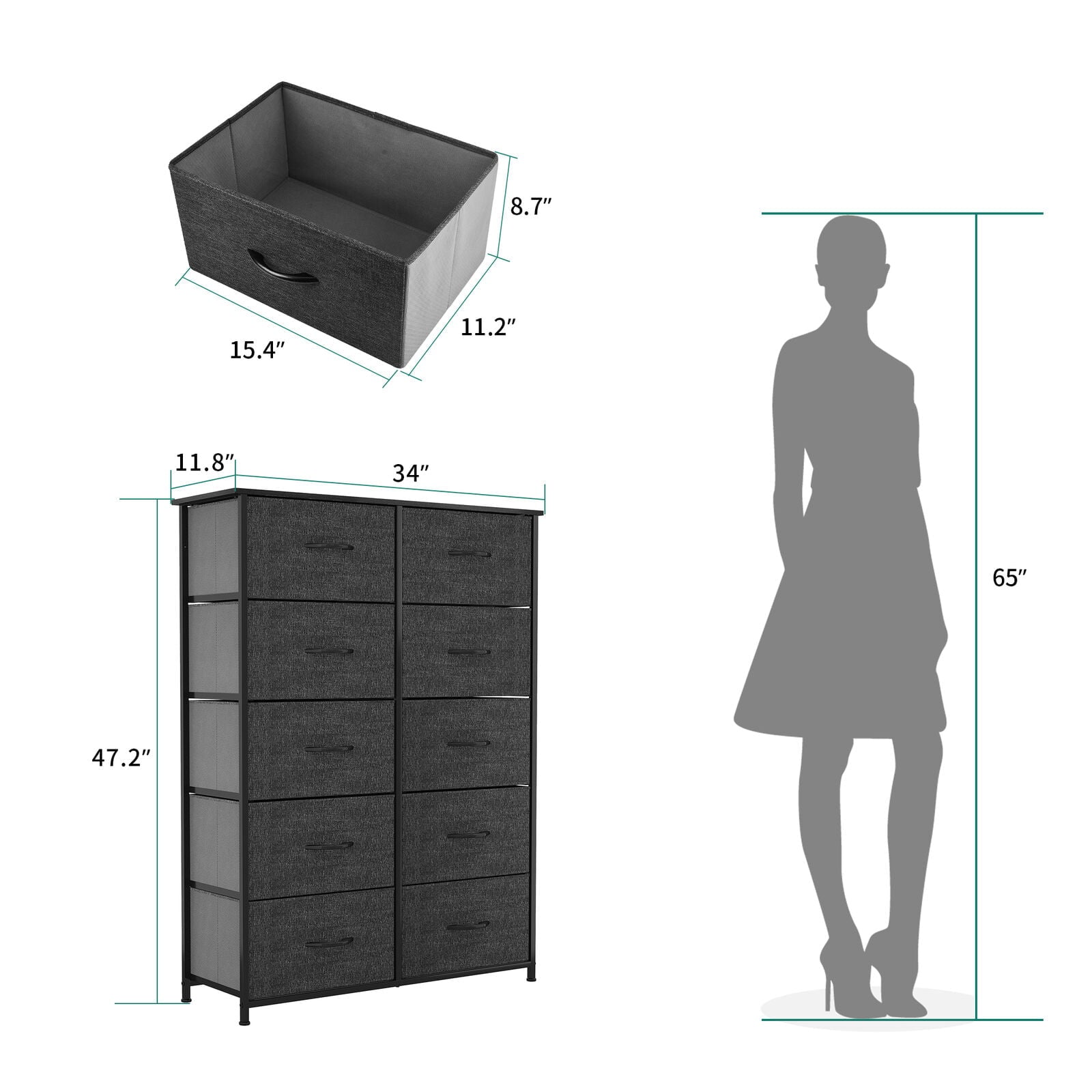 DWVO 10 Drawer Dresser Chest of Storage Dresser Tall Fabric Dresser Storage Cabinet Bin Nightstand Cabinet, Black Grey