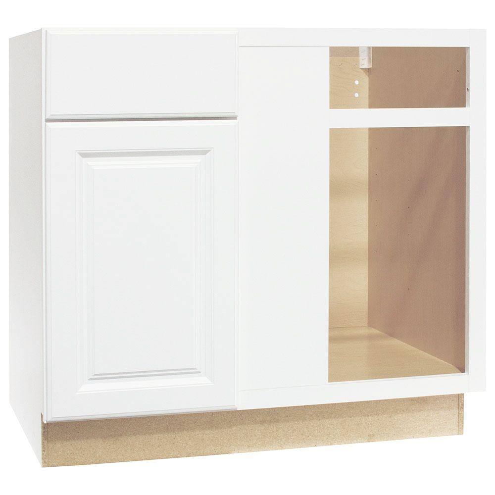 Hampton Bay Hampton Satin White Raised Panel Stock Assembled Blind Base Corner Kitchen Cabinet (36 in. x 34.5 in. x 24 in.) KBBC45-SW