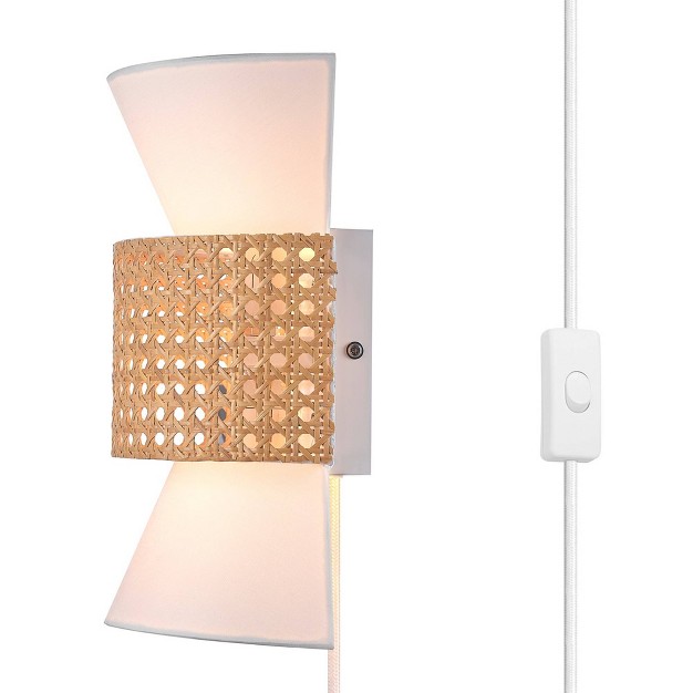 Ayla 2 light Plug in Or Hardwire Wall Sconce With White Fabric Shade And Rattan Accent Globe Electric