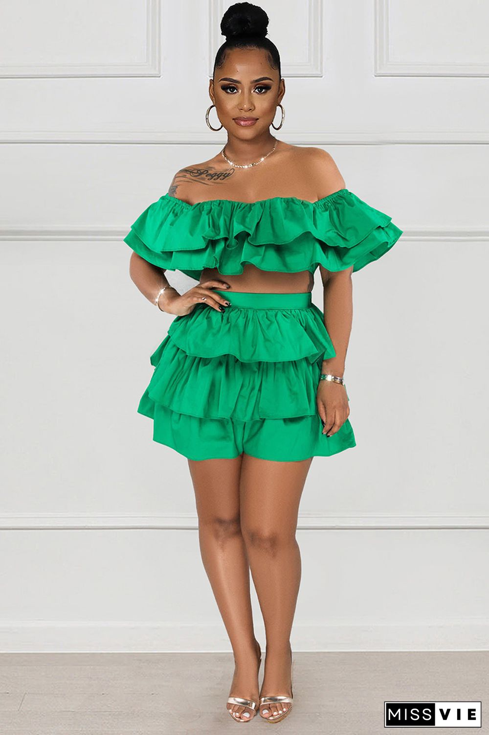 White Tiered Ruffled Off Shoulder Crop Top High Waist Shorts Matching Set