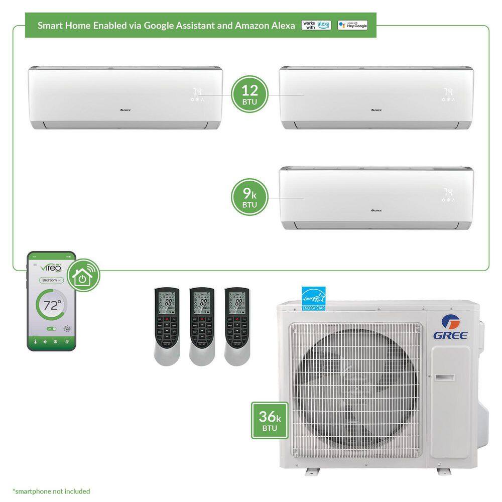 GREE Gen3 Smart Home Triple-Zone 34000 BTU 3 Ton Ductless Mini Split Air Conditioner with Heat Inverter Remote - 230-Volt MULTI36VIR303HP