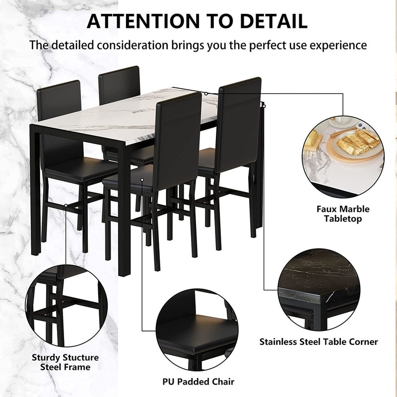 Modern Faux Marble 5 Pieces Kitchen Dining Set with 4 Cushion PU Leather Chairs