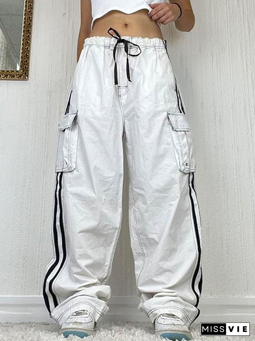 Side Striped White Baggy Cargo Jeans