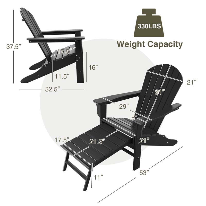 HDPE Adirondack Chair with Retractable Ottoman, Outdoor Chaise Lounge Chair for Lawn Pool Deck