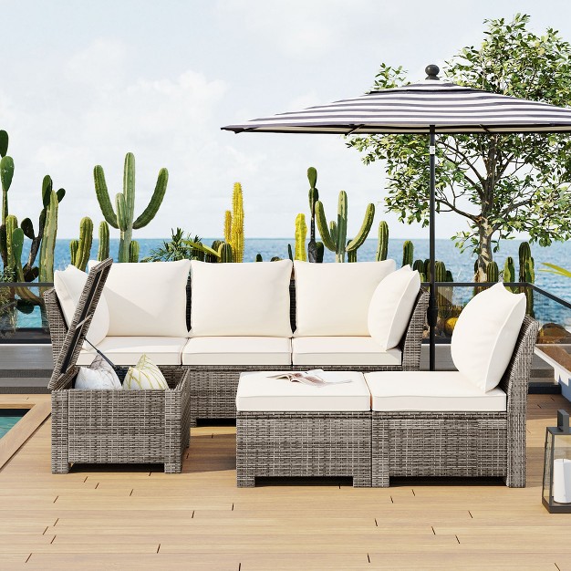 6pcs Patio Pe Rattan Conversation Set Outdoor All weather Wicker Sectional Sofa Set Beige modernluxe