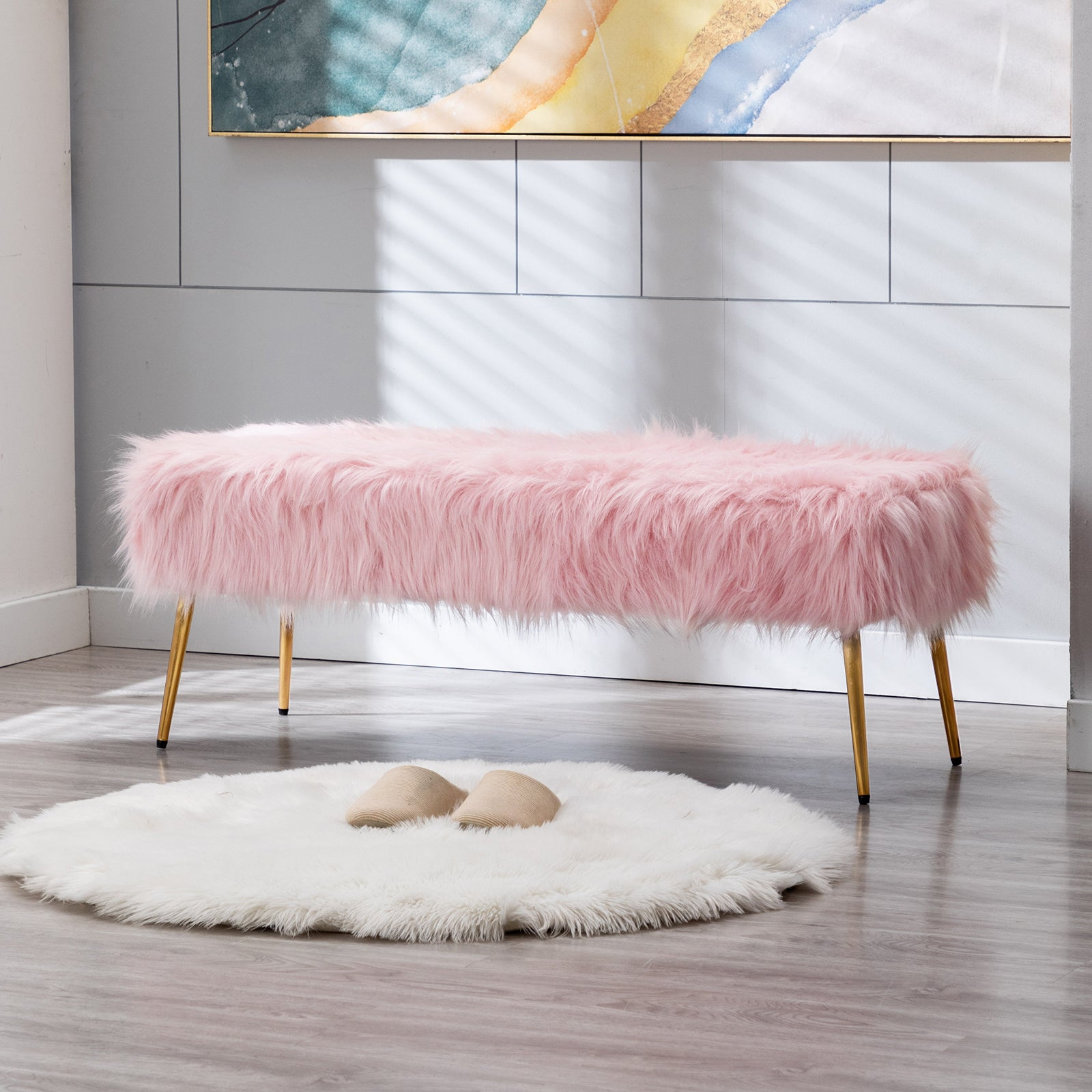 Duhome Elegant Lifestyle Velvet Upholstered Bench, Faux Fur Ottoman Bench End of Bed Bench for Bedroom Entryway, Pink