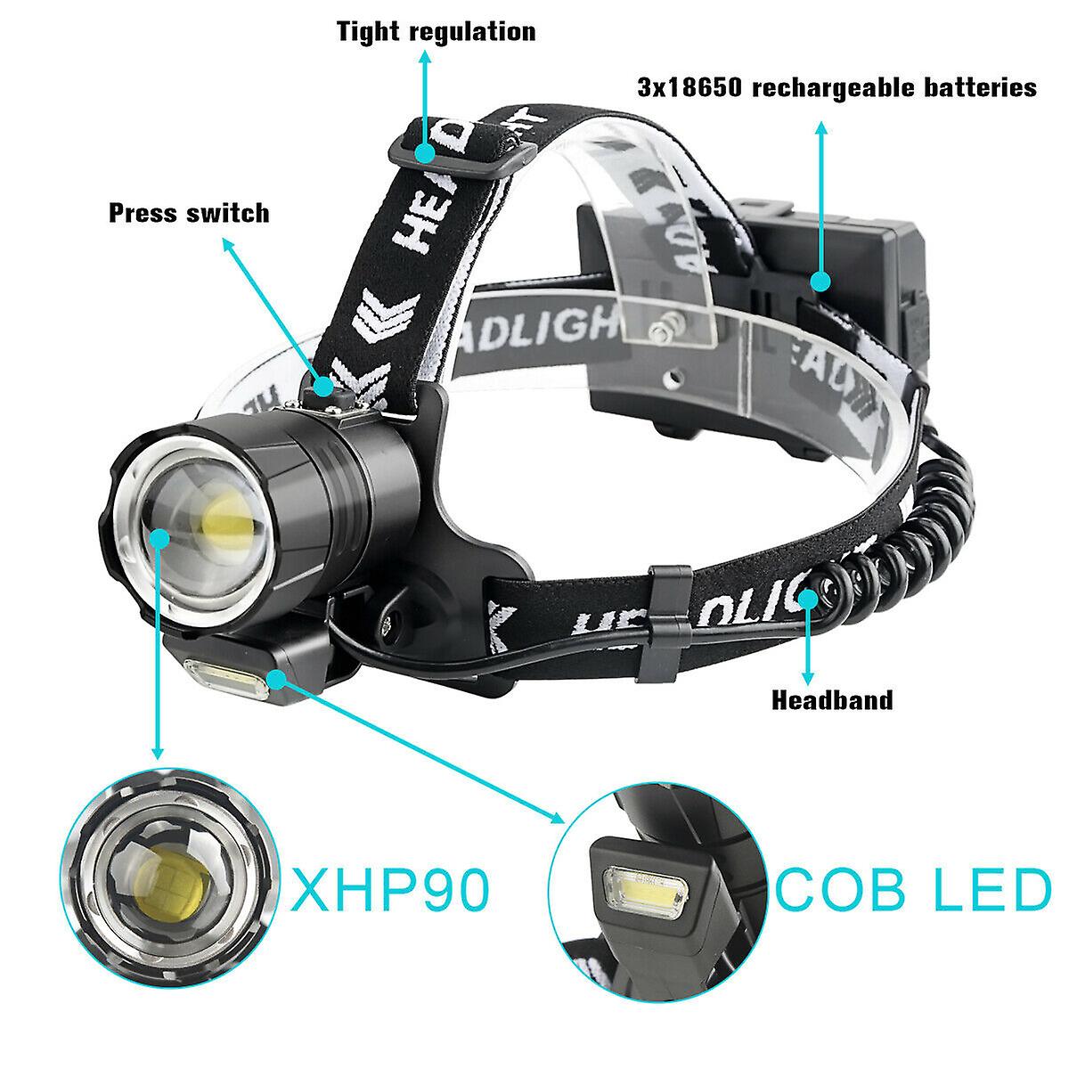 990000lms Xhp90+cob Headlamp Usb Rechargeable Head Light 4 Mode Zoom Torch Ipx6