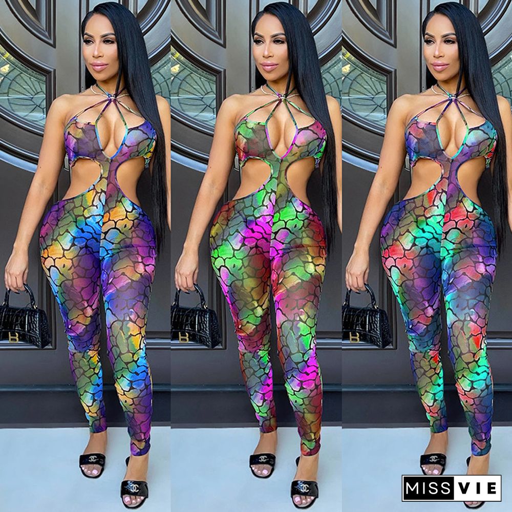 Sexy Fashion Women Digital Print Sleeveless Halter Hollow Out Bodycon Party Club Streetwear Jumpsuits