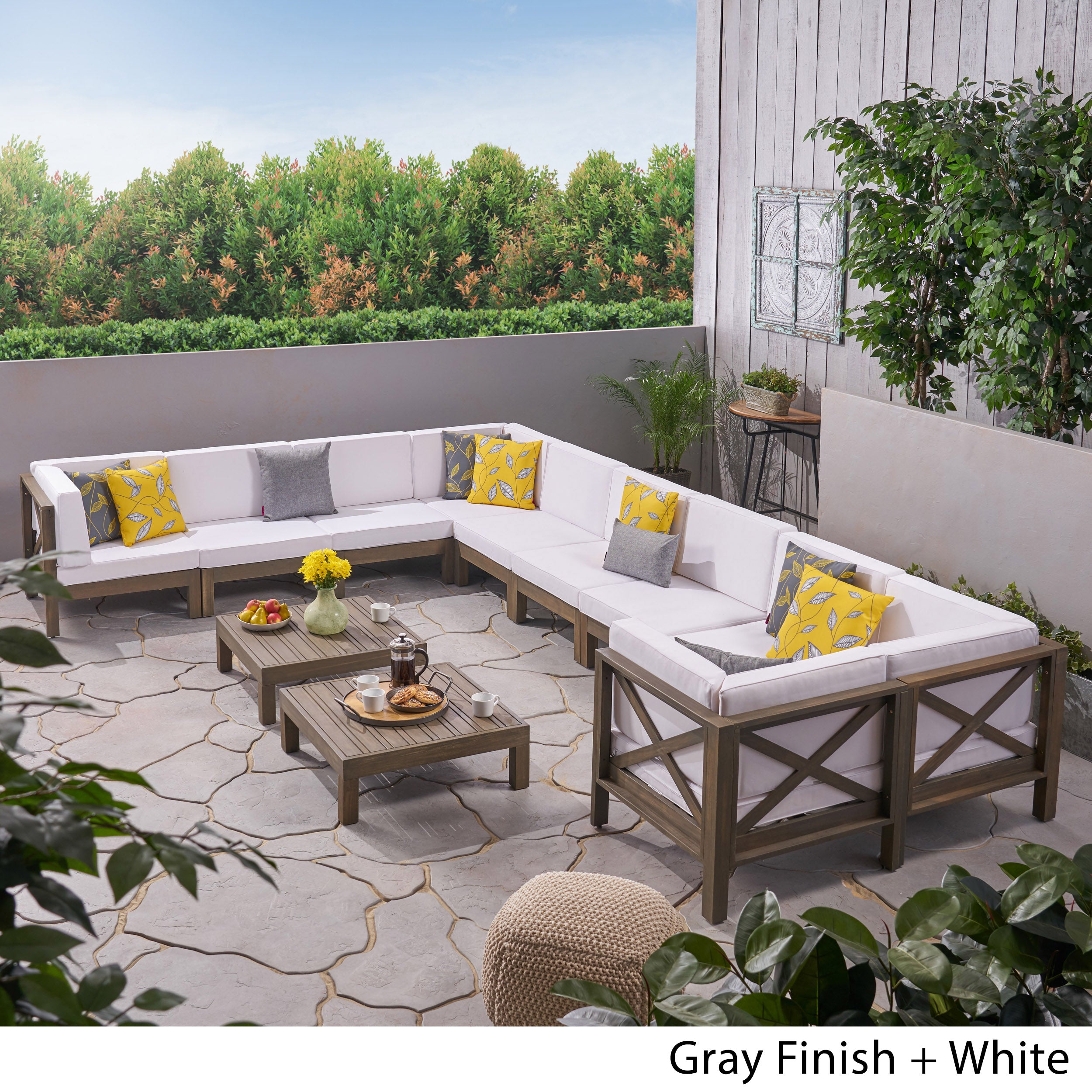 Cynthia Outdoor Acacia Wood 10 Seater U-Shaped Sectional Sofa Set with Two Coffee Tables