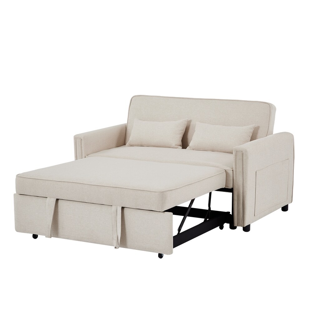 Modern Linen Convertible Loveseat Sleeper Sofa Couch with Adjustable Backrest  Pull Out Bed and 2 Lumbar Pillows  Ivory