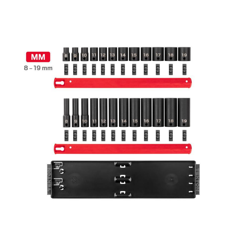 TEKTON 38 in. Drive 12-Point Impact Socket Set with Rails (8 mm-19 mm) (24-Piece) SID91213