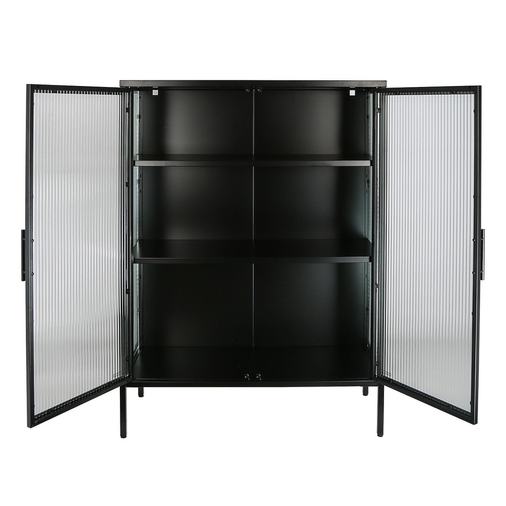 48 Inch Double Glass Door Storage Cabinet  Sideboard Cabinet with Adjustable Shelves and Feet Cold Rolled Steel Tempered