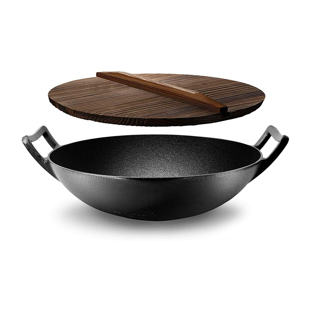 NutriChef Pre Seasoned Cooking Wok Cast Iron Stir Fry Pan with Wooden Lid  Black