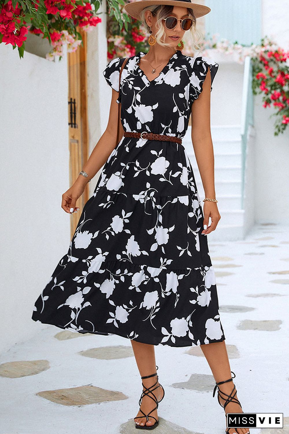 V Neck Ruffle Sleeves Splicing Floral Dress