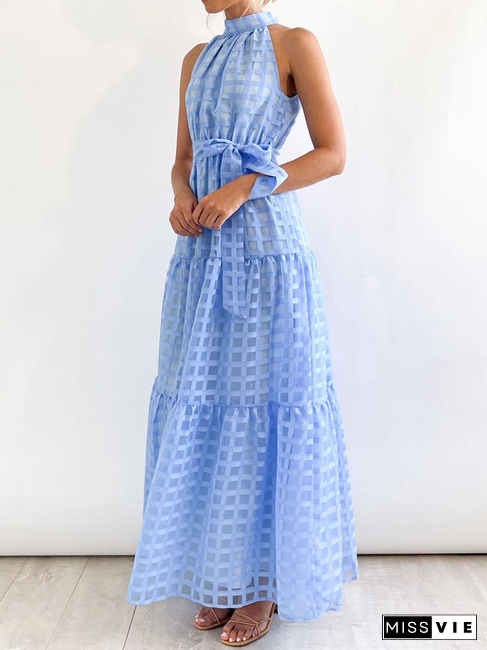 Loose Sleeveless Plaid Ribbed Stand Collar Maxi Dresses