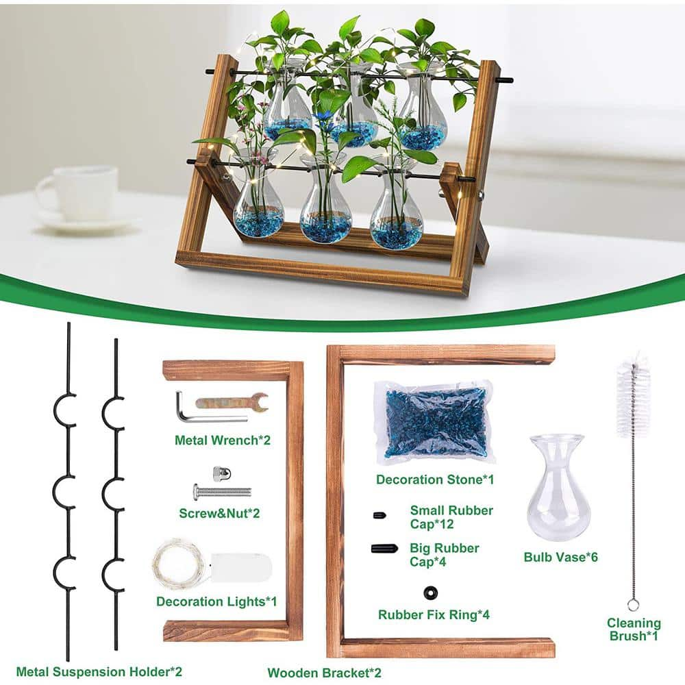 EVEAGE Double Layer 16 in. White Glass Plant Water Propagation Station with Wooden Stand BLSPHJ-6Pcs-729